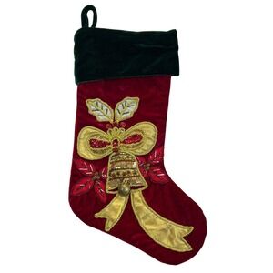 Vtg Christmas Stocking Velvet Jingle Bell Embroidered Poinsettias Sequins Beaded